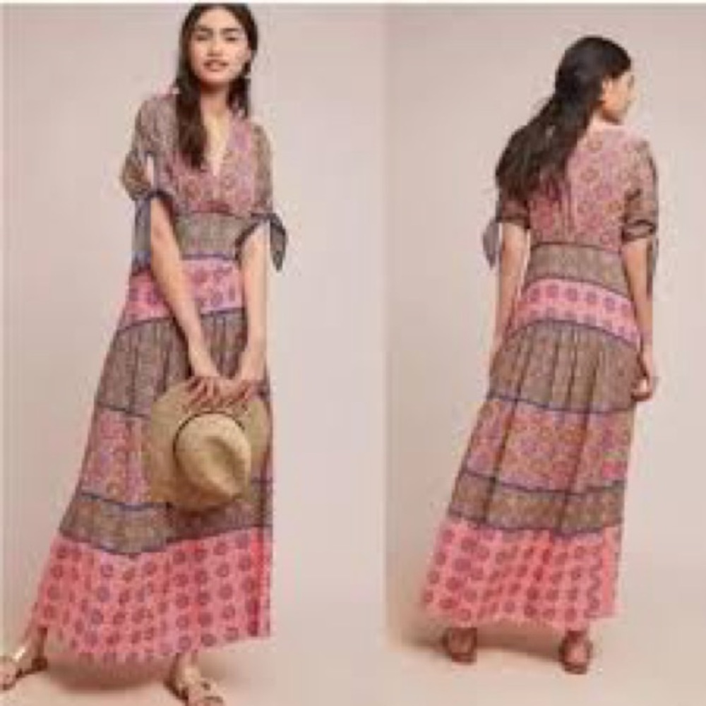 Maeve By Anthropologie Eder Tiered Boho Tie Sleeve Dress Size 4
